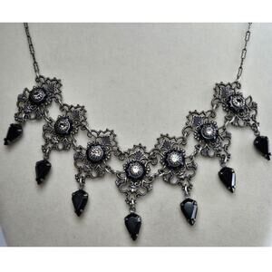 Vtg 90s Liz Paliacios SF Filigree Silver Tone Black Crystal Whimsygoth Necklace